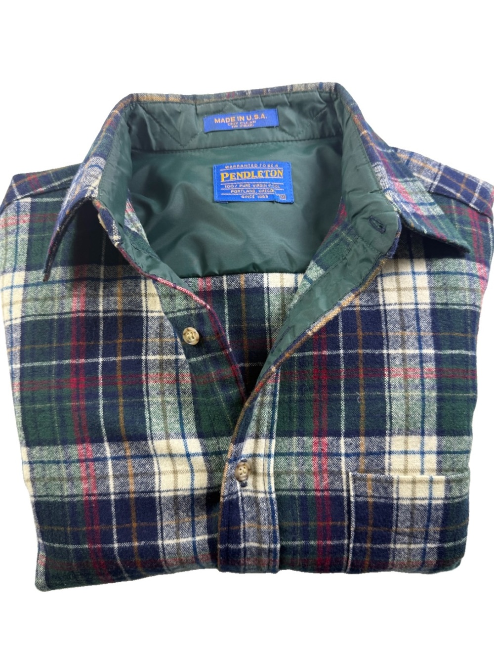 Pendleton 100% Wool Shirt Medium Plaid Board Button Up Flannel Blue Green EUC